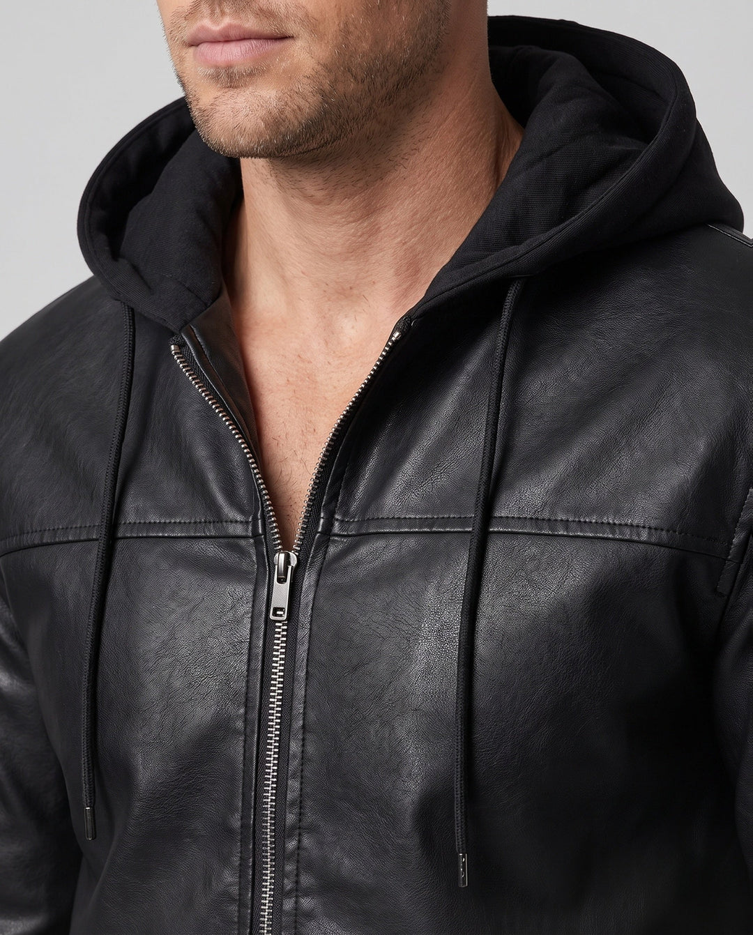 Men's Hooded Faux Leather Jacket in Biker Bomber Style with Integrated Hoodie Lining Hudson & Parker
