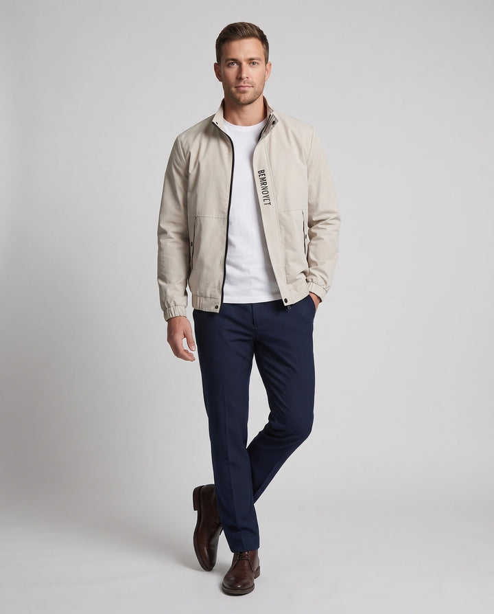 Men's Lightweight Harrington Jacket with Stand-Up Collar, Zipper, Flap Pockets, and Elastic Hem Hudson & Parker