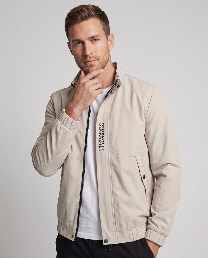 Men's Lightweight Harrington Jacket with Stand-Up Collar, Zipper, Flap Pockets, and Elastic Hem Hudson & Parker
