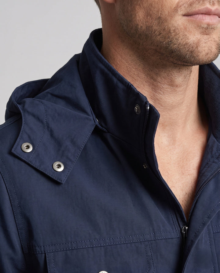 Men's lightweight water-repellent hooded canvas parka with concealed snap button placket and zippered chest pocket Hudson & Parker