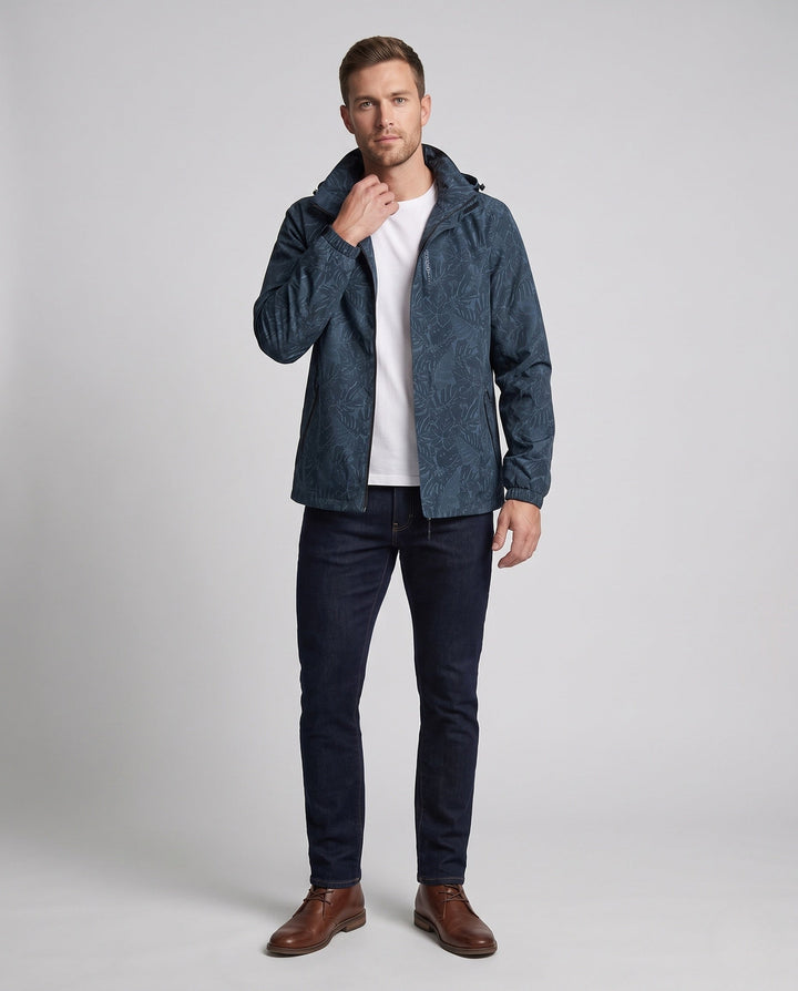 Men's Lightweight Hoodie Jacket with Subtle Leaf Print and Windproof Softshell Outer Layer Hudson & Parker