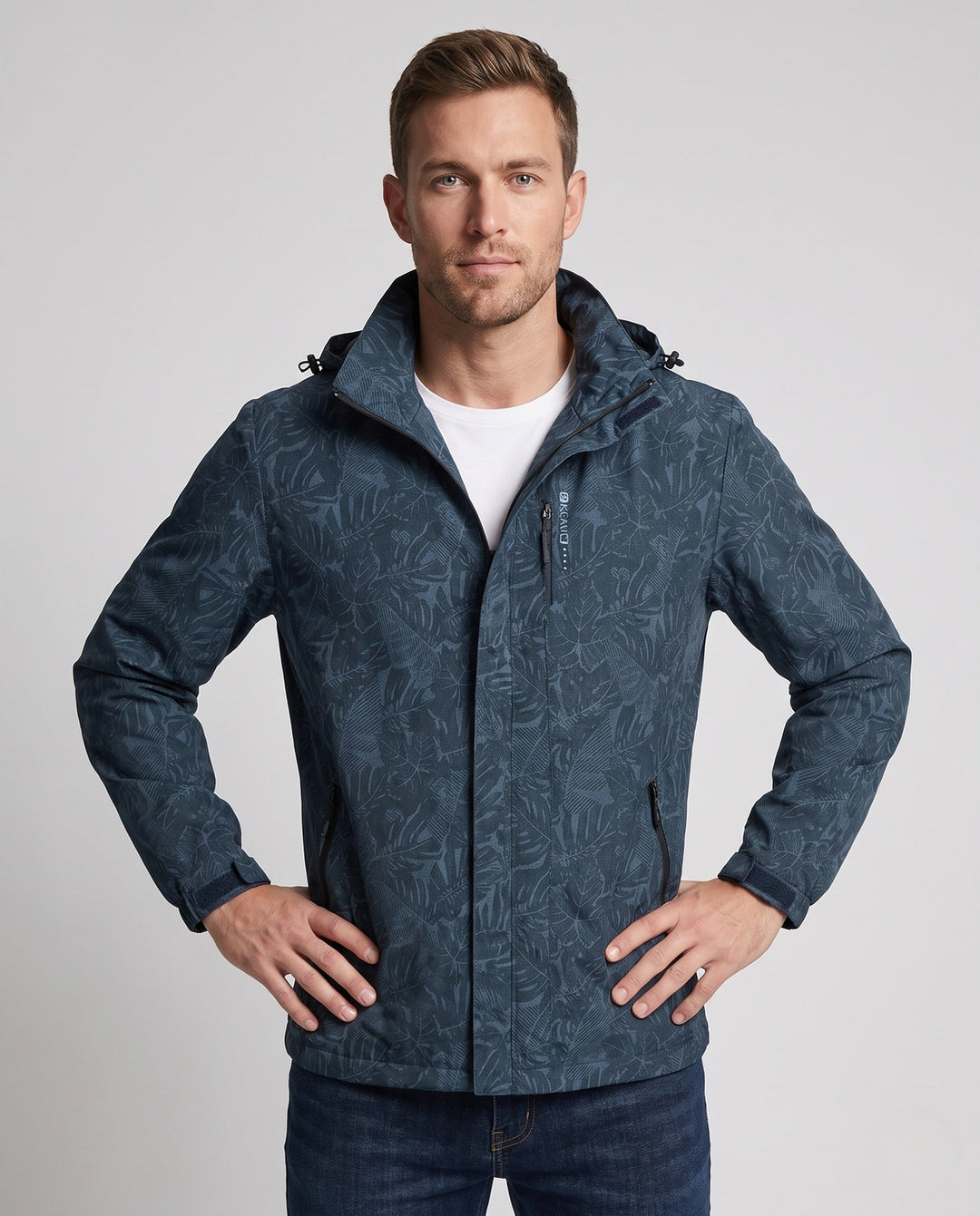 Men's Lightweight Hoodie Jacket with Subtle Leaf Print and Windproof Softshell Outer Layer Hudson & Parker