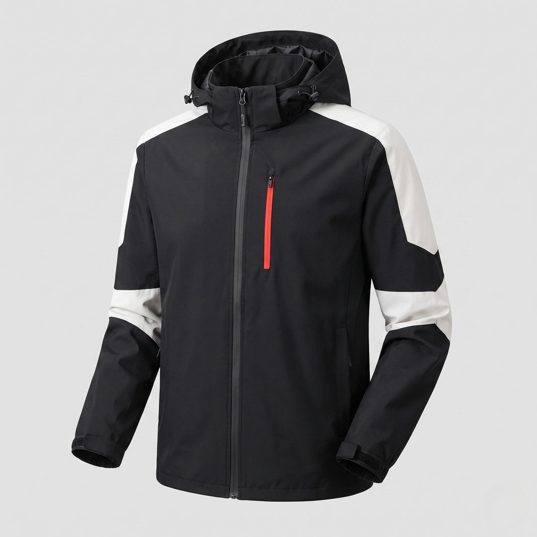 Men's lightweight water-repellent hooded softshell jacket with contrast stripes and chest zip Hudson & Parker