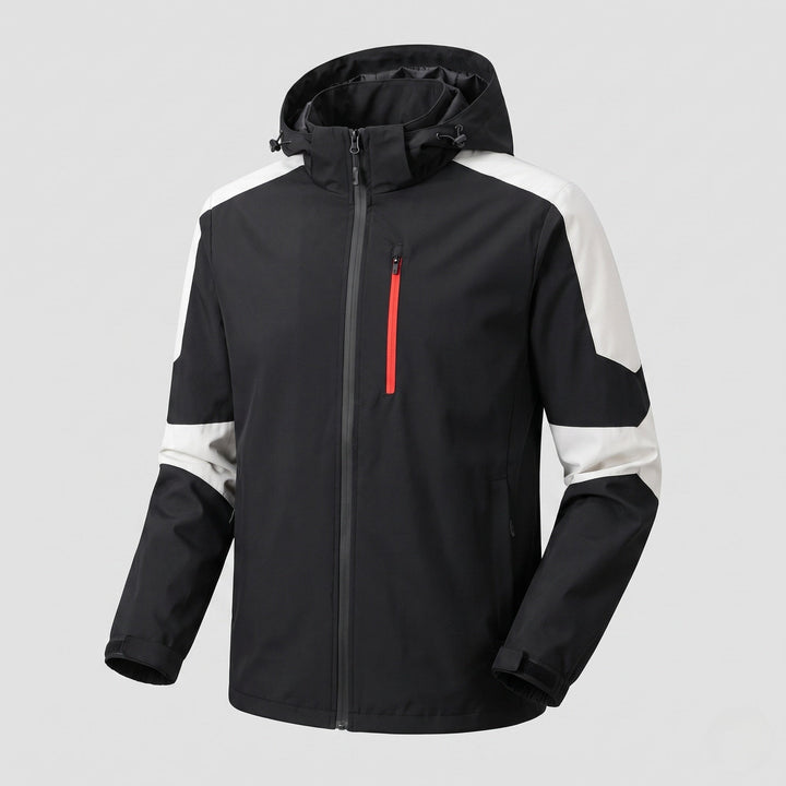 Men's lightweight water-repellent hooded softshell jacket with contrast stripes and chest zip Hudson & Parker