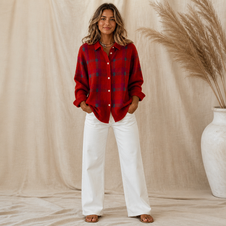 Vera - Plaid Knit Shirt-Collar Cardigan