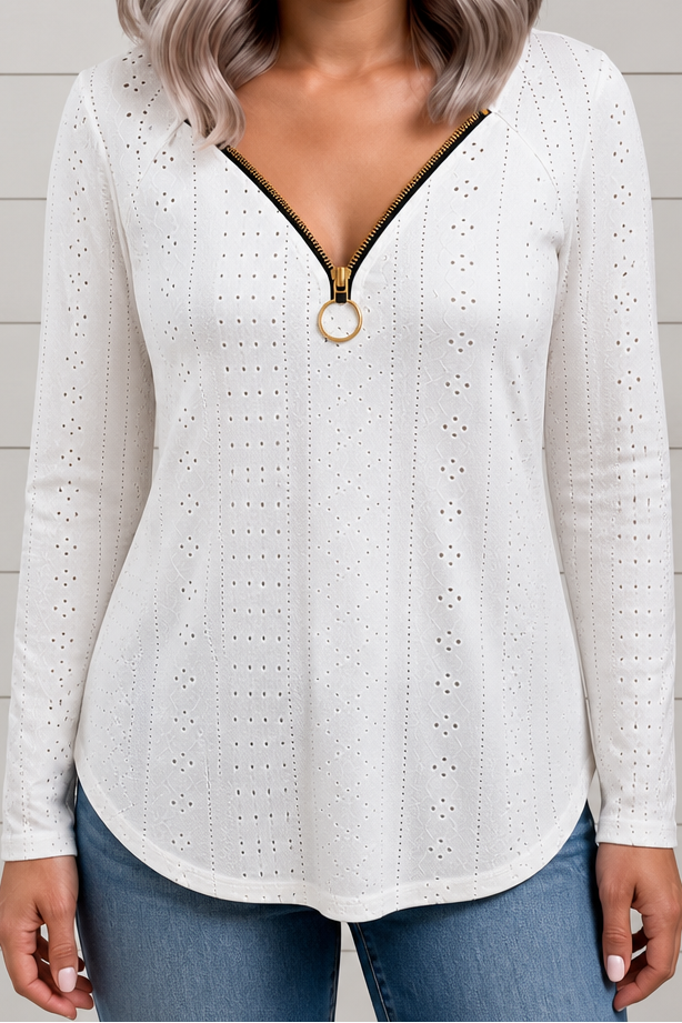 Hudson & Parker - Pointelle Knit Zip-Neck Top