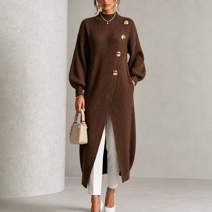 Hudson & Parker - Gold-Tone Button Asymmetric Ribbed Knit Tunic