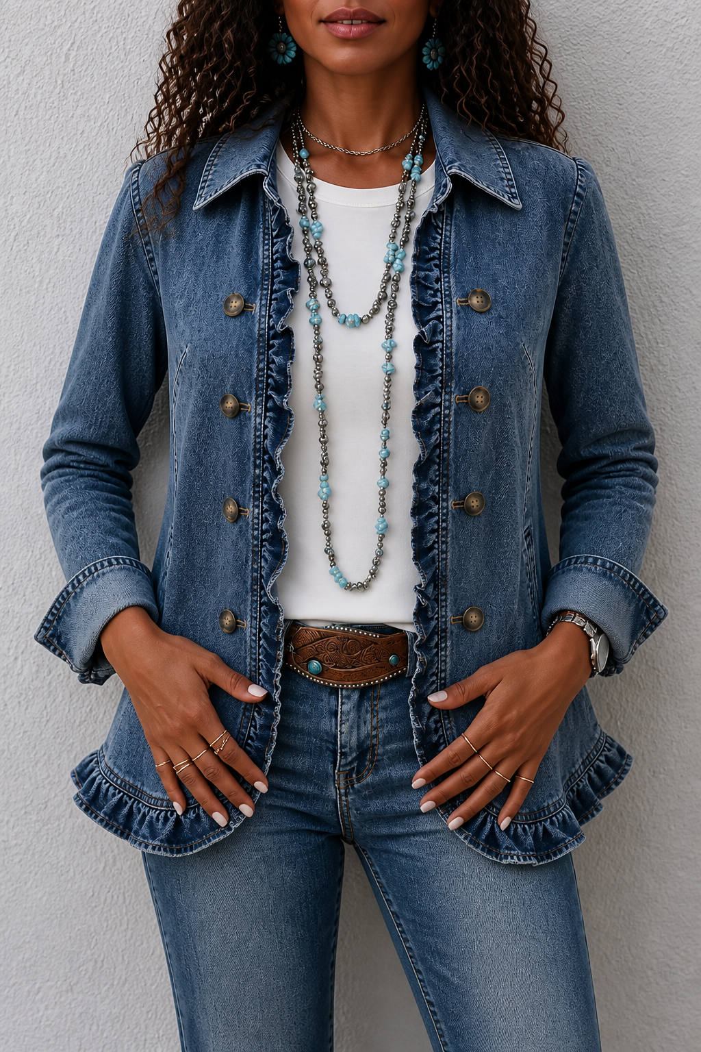 Hudson & Parker - Double Breasted Ruffle Denim Jacket