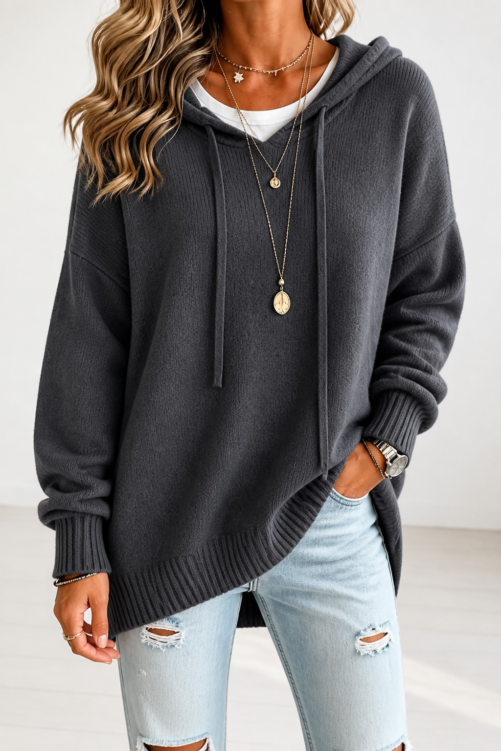Hudson & Parker - Oversized Drawstring Hooded Knit Sweater