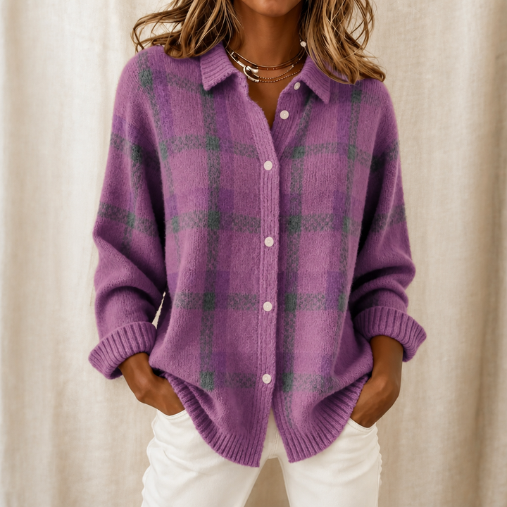 Vera - Plaid Knit Shirt-Collar Cardigan
