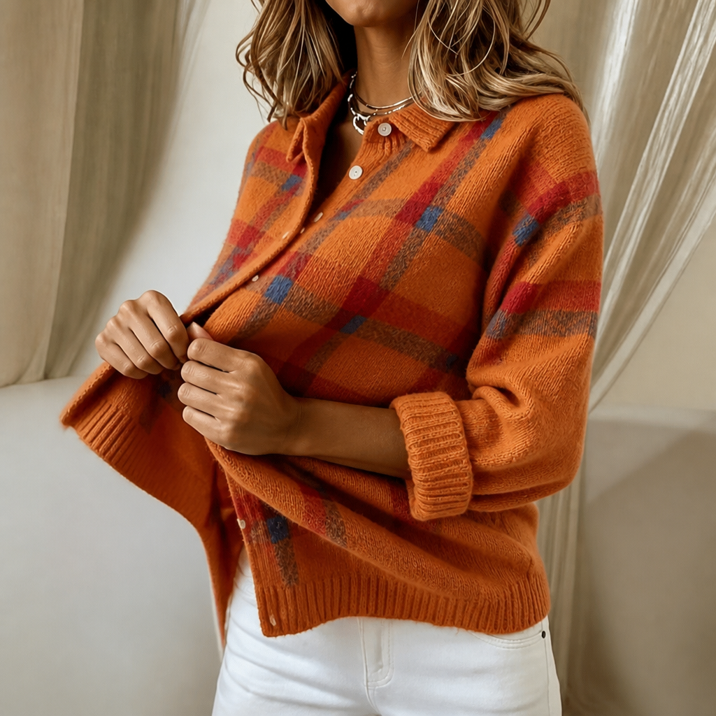 Vera - Plaid Knit Shirt-Collar Cardigan