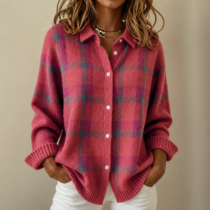 Vera - Plaid Knit Shirt-Collar Cardigan