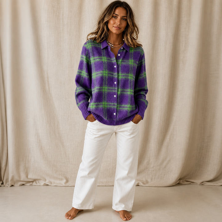 Vera - Plaid Knit Shirt-Collar Cardigan