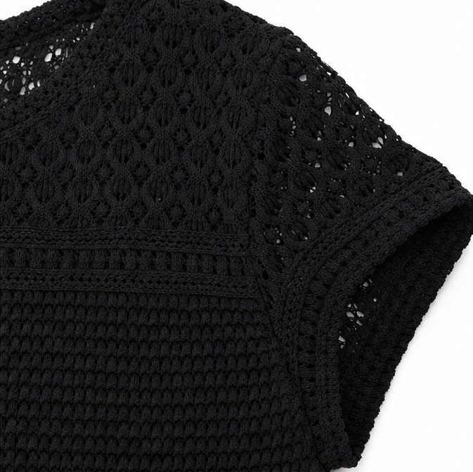 Hudson & Parker - Open Knit Short Sleeve Top, Waffle Texture Spring Summer Blouse for Women
