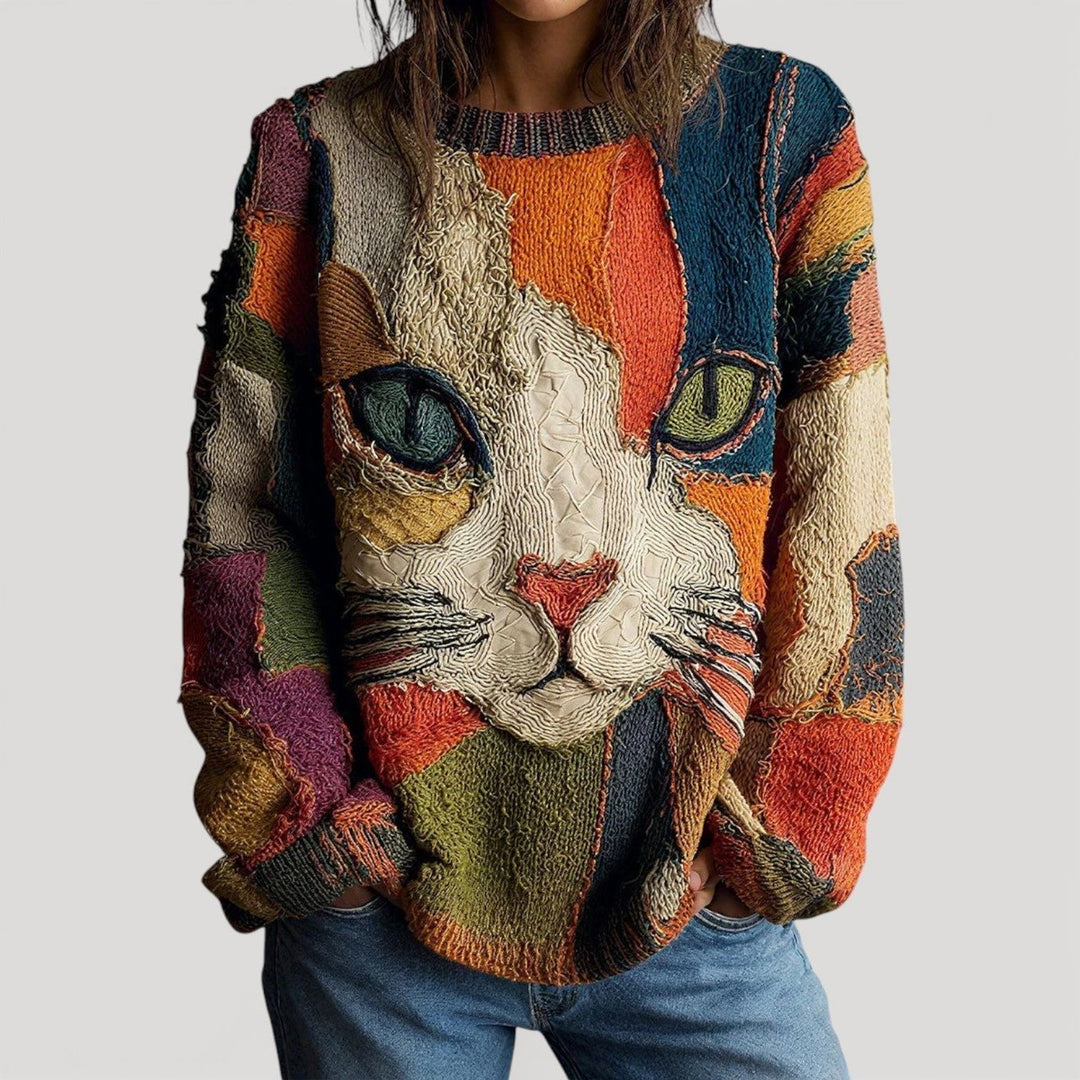 Mia | Women's Artistic Cat Print Colourblock Knit Sweater