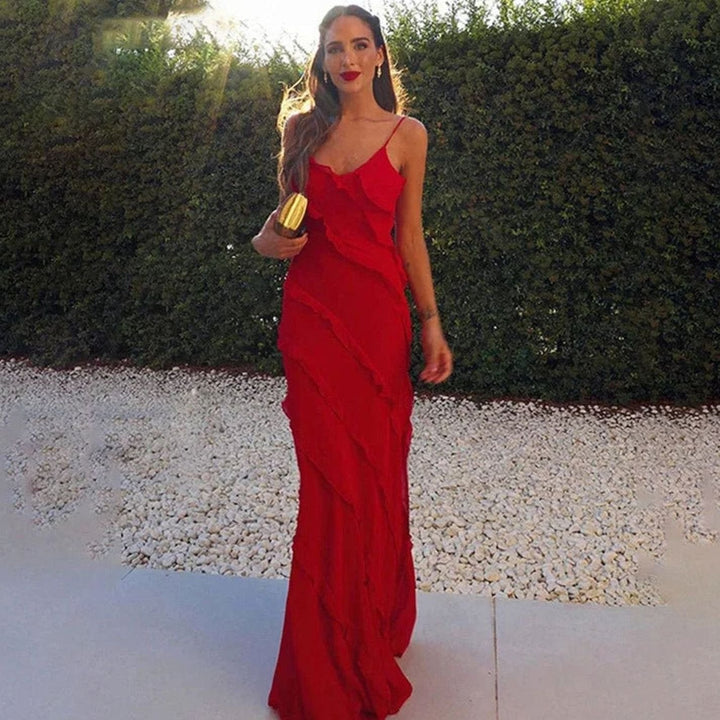 Riley | Women's Asymmetric Ruffle Spaghetti-Strap Maxi Dress