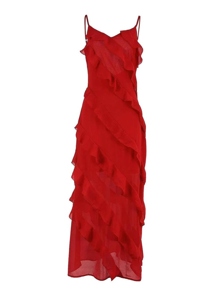 Riley | Women's Asymmetric Ruffle Spaghetti-Strap Maxi Dress