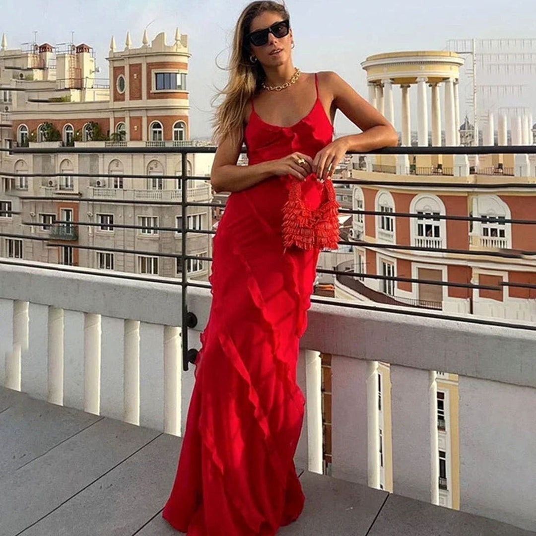 Riley | Women's Asymmetric Ruffle Spaghetti-Strap Maxi Dress