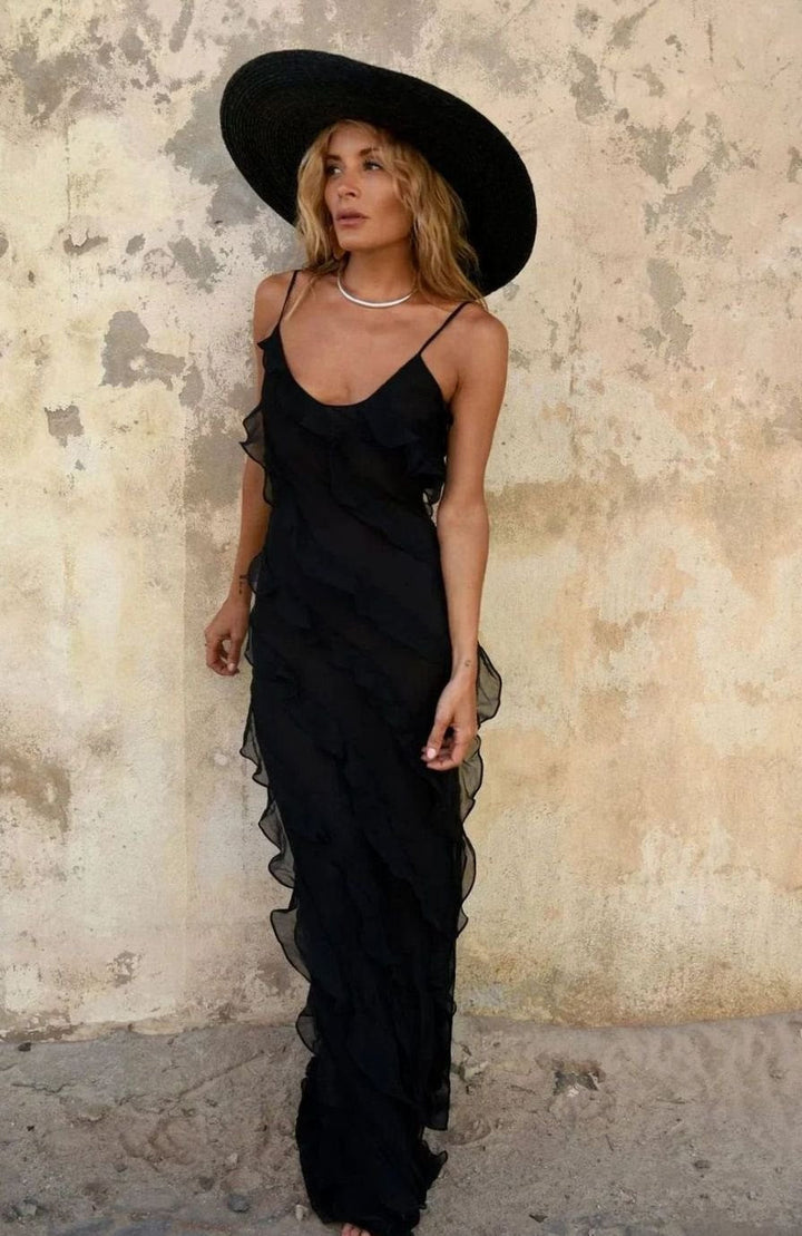 Riley | Women's Asymmetric Ruffle Spaghetti-Strap Maxi Dress