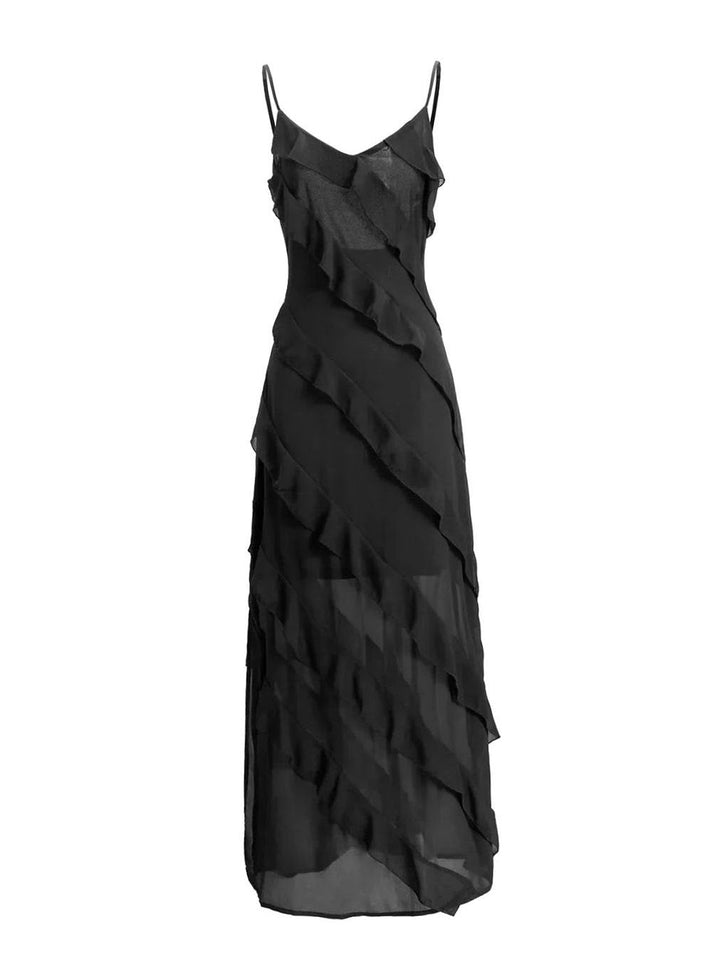 Riley | Women's Asymmetric Ruffle Spaghetti-Strap Maxi Dress