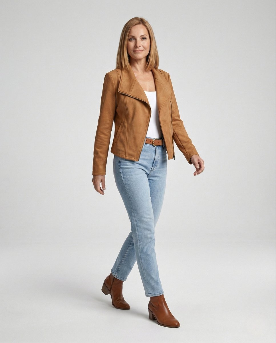 Penelope | Women's Asymmetric-Zip Tailored Suede-Look Biker Leather Jacket
