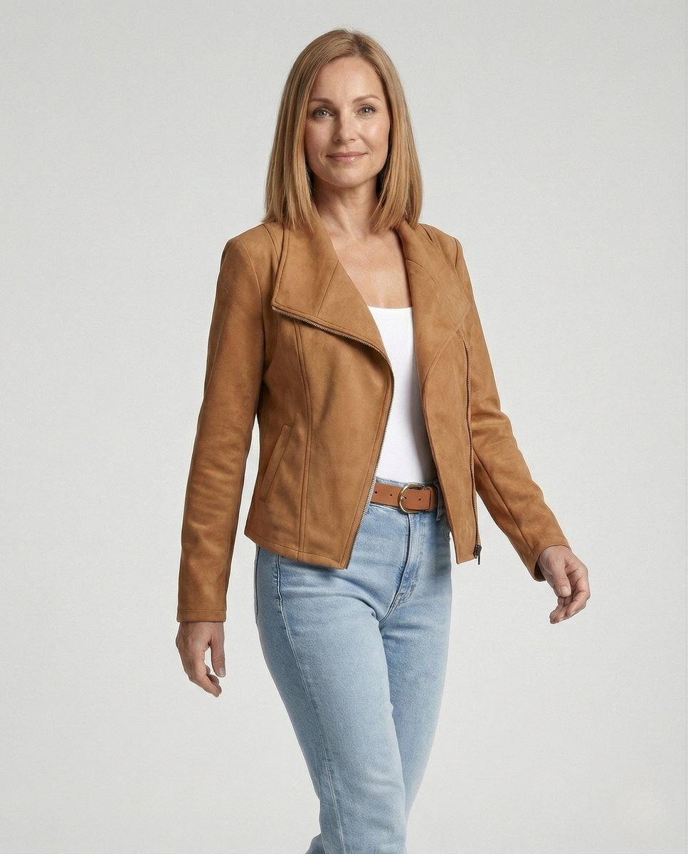 Penelope | Women's Asymmetric-Zip Tailored Suede-Look Biker Leather Jacket