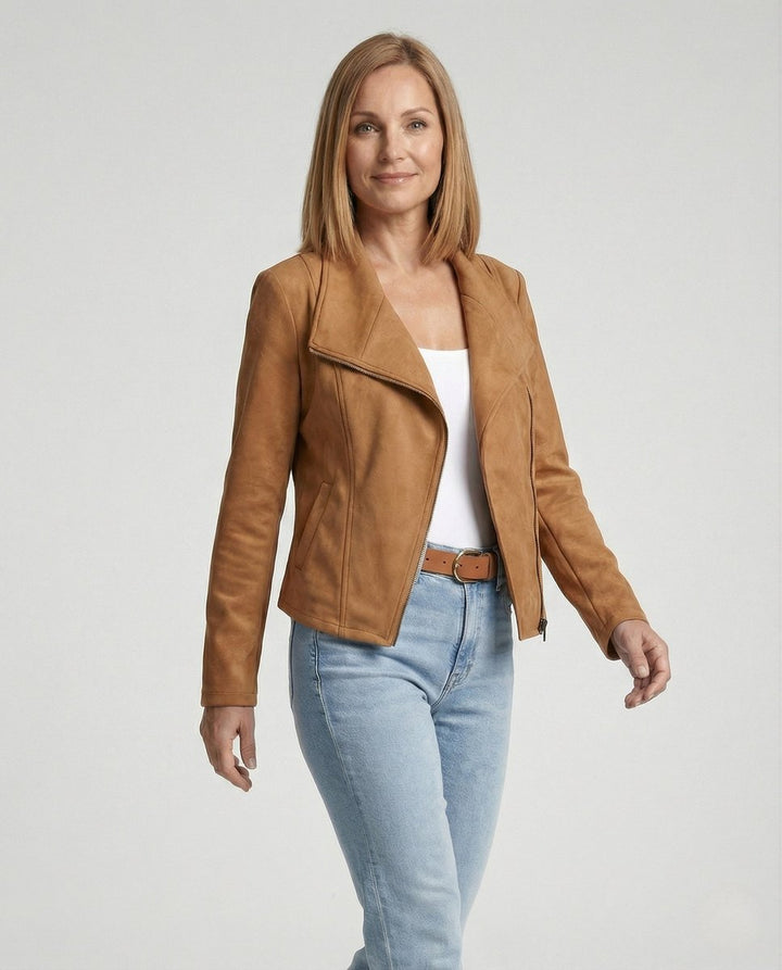Penelope | Women's Asymmetric-Zip Tailored Suede-Look Biker Leather Jacket