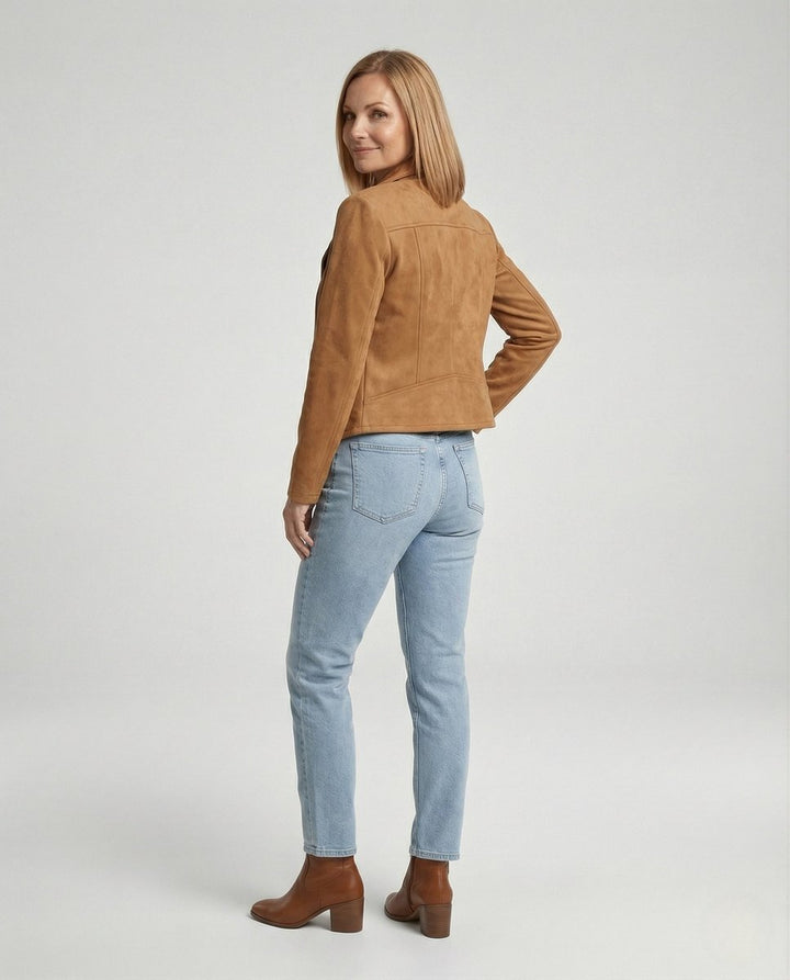 Penelope | Women's Asymmetric-Zip Tailored Suede-Look Biker Leather Jacket