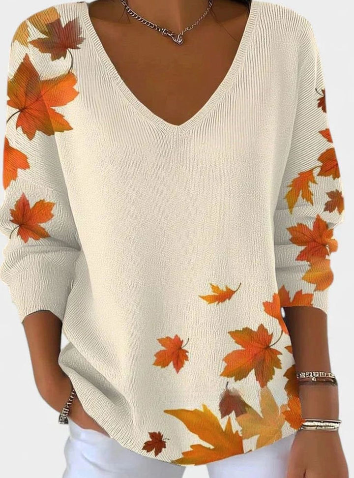 Evelyn | Women's Autumn Maple Leaf Print V-Neck Long Sleeve Sweater