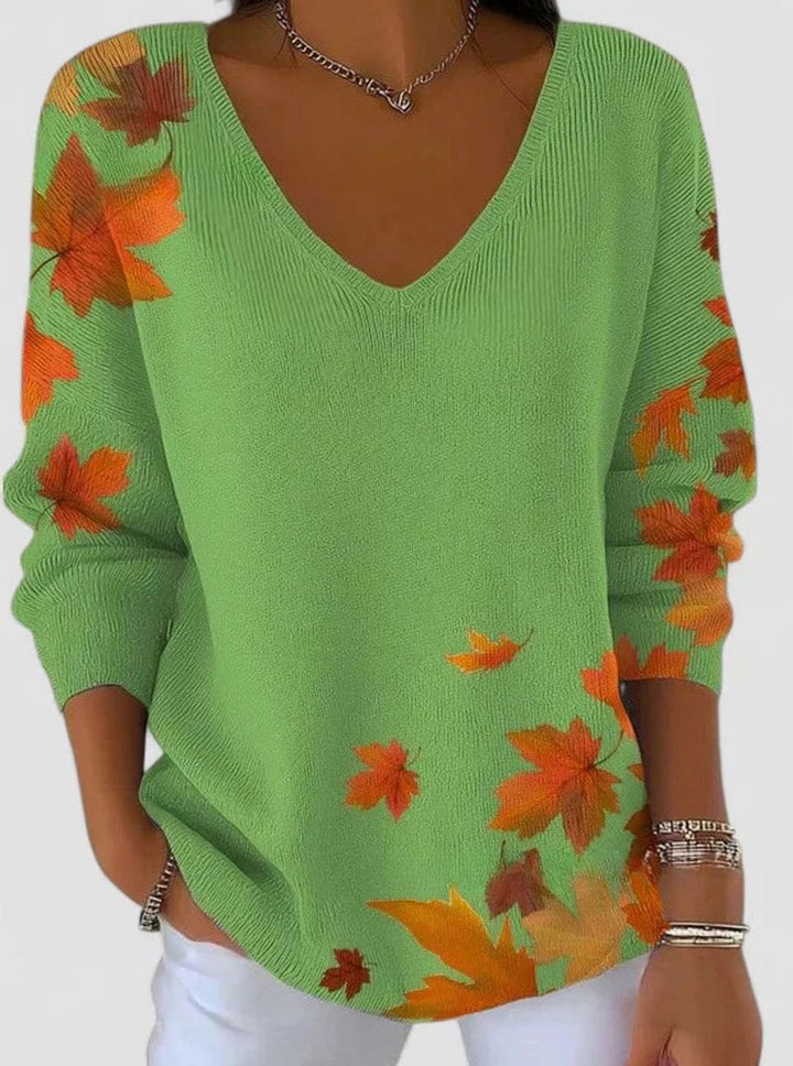 Evelyn | Women's Autumn Maple Leaf Print V-Neck Long Sleeve Sweater