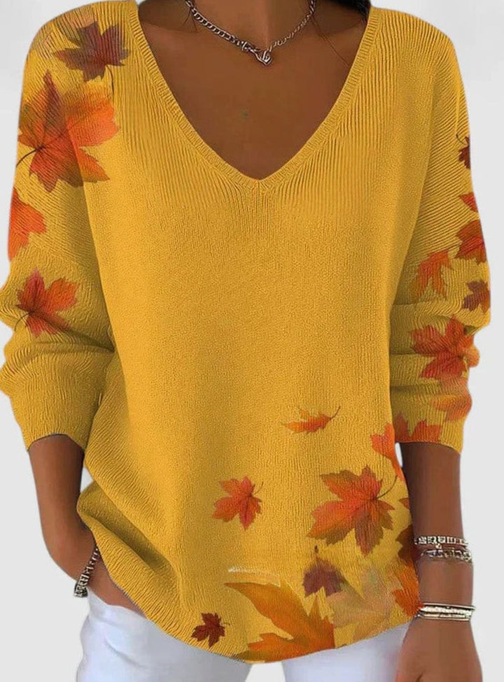 Evelyn | Women's Autumn Maple Leaf Print V-Neck Long Sleeve Sweater