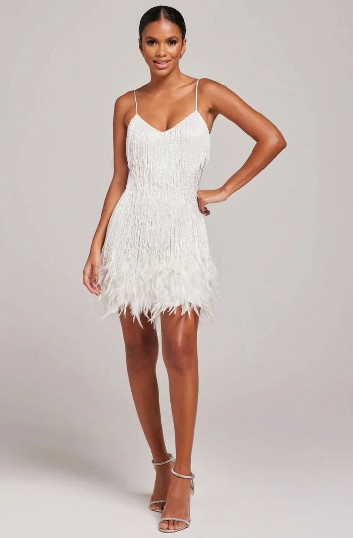 Hazel | Women's Beaded Fringe Feather-Trim Spaghetti-Strap Mini Dress