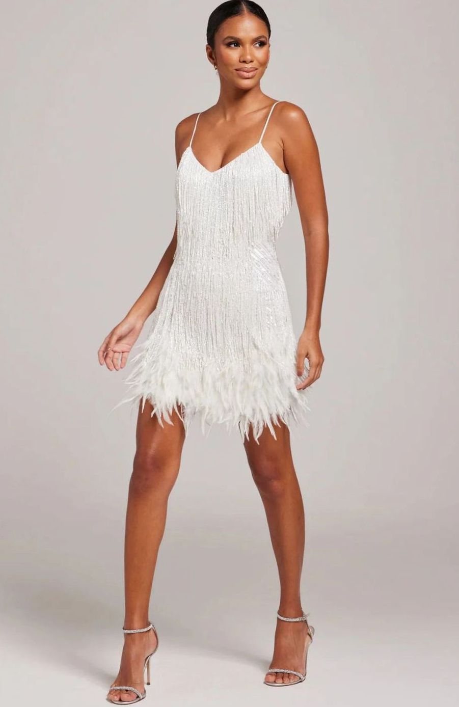 Hazel | Women's Beaded Fringe Feather-Trim Spaghetti-Strap Mini Dress