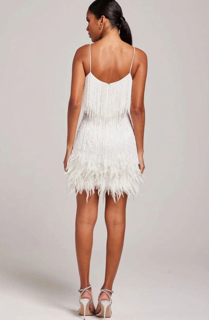 Hazel | Women's Beaded Fringe Feather-Trim Spaghetti-Strap Mini Dress