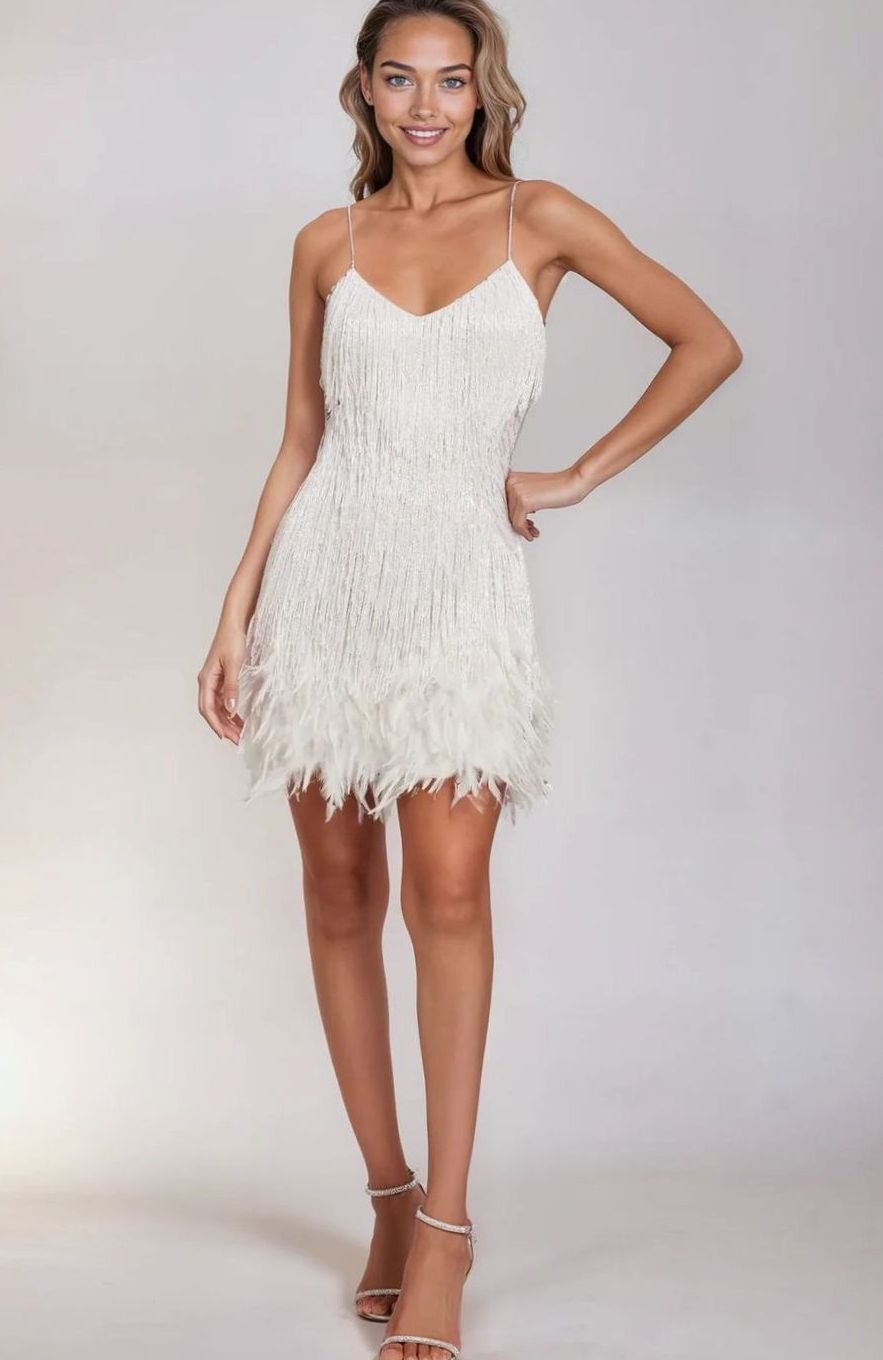 Hazel | Women's Beaded Fringe Feather-Trim Spaghetti-Strap Mini Dress