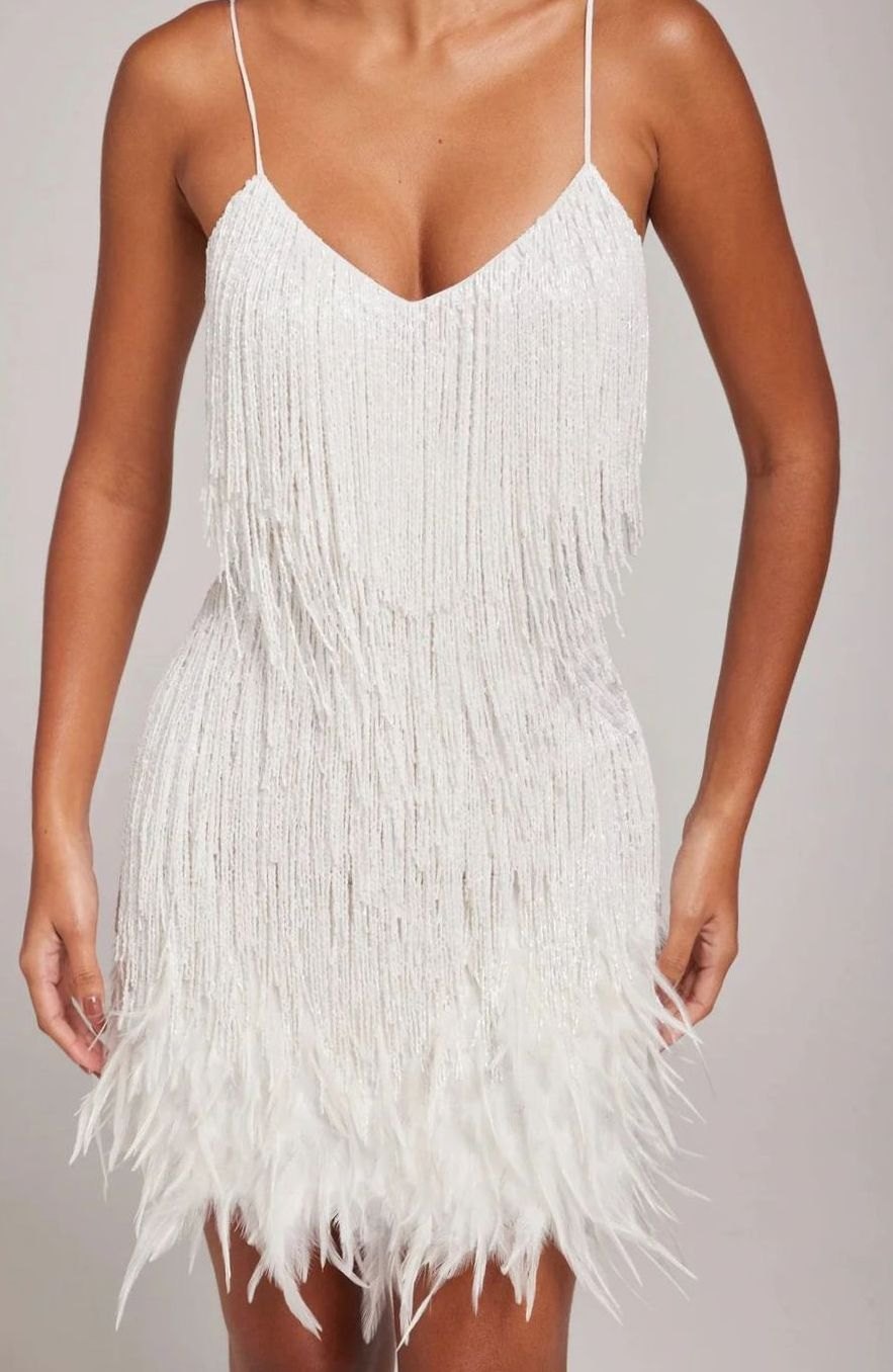 Hazel | Women's Beaded Fringe Feather-Trim Spaghetti-Strap Mini Dress