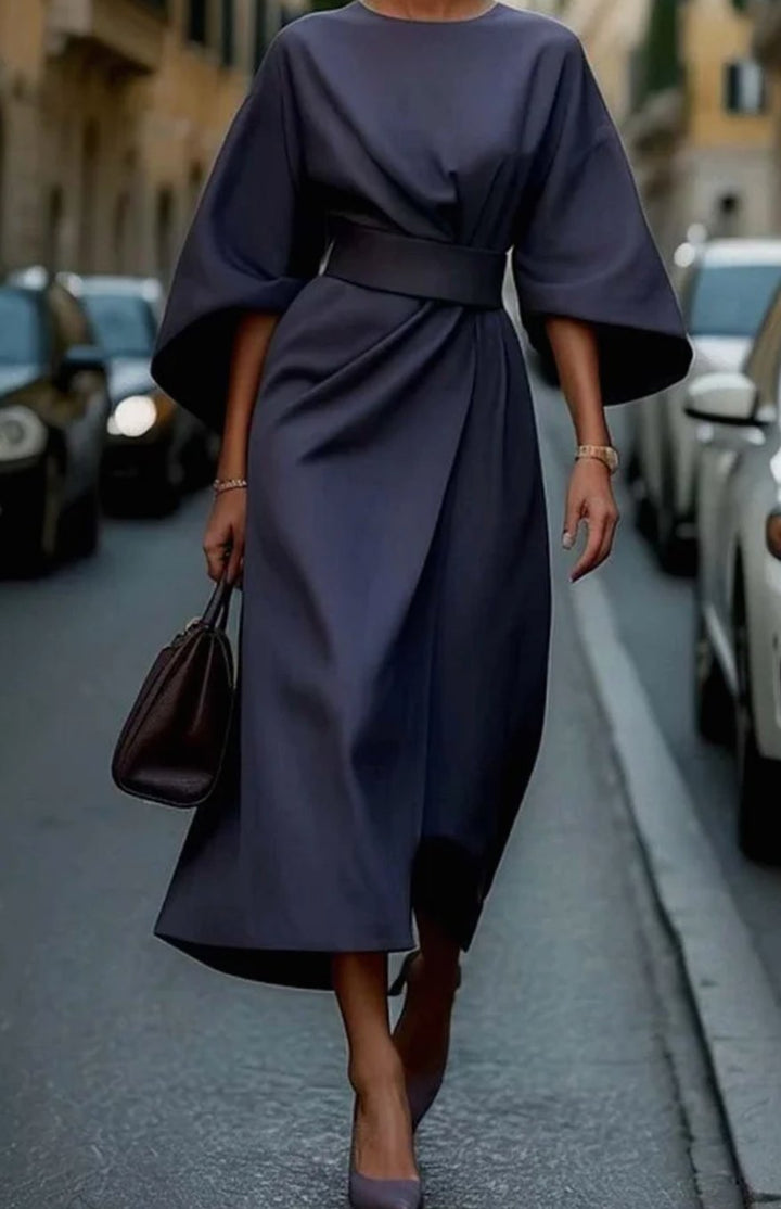 Lily | Women's Belted Lantern-Sleeve Midi Elegant Dress