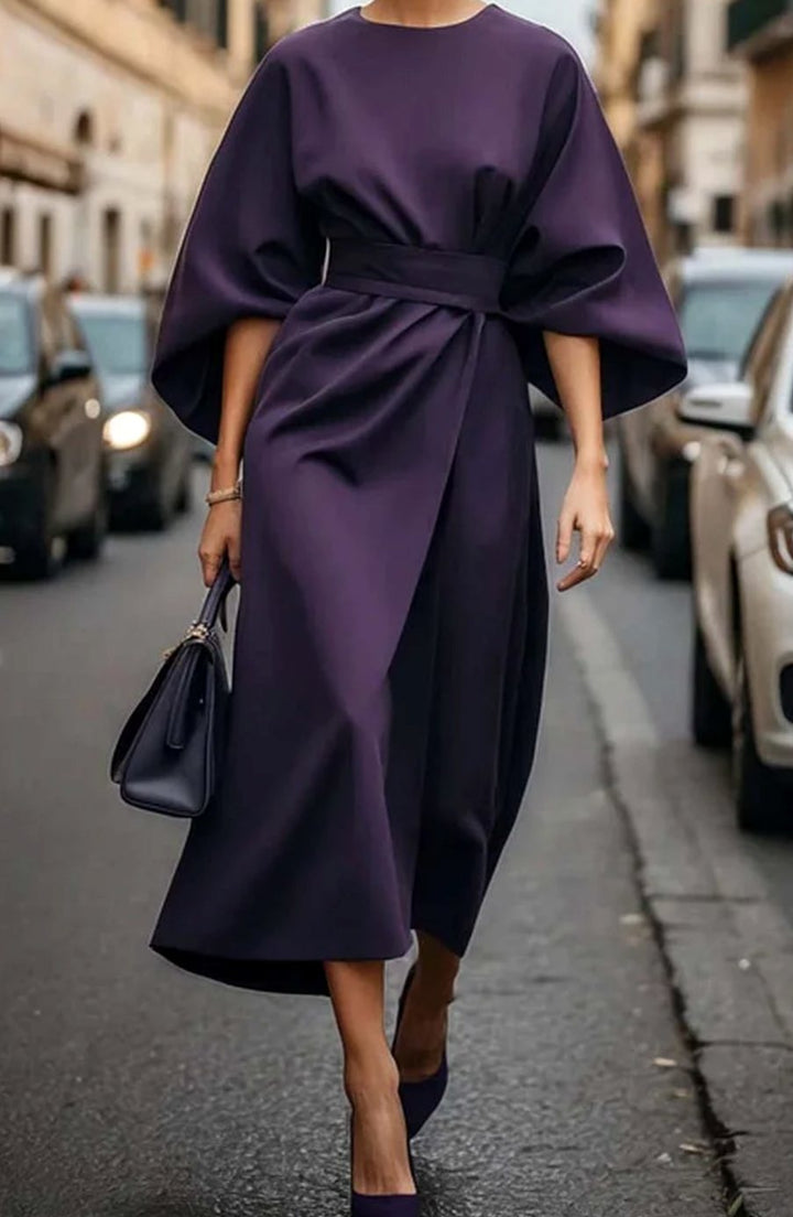 Lily | Women's Belted Lantern-Sleeve Midi Elegant Dress