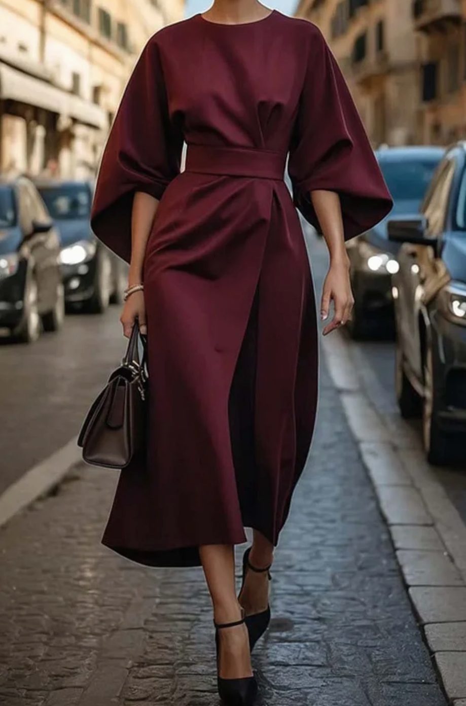 Lily | Women's Belted Lantern-Sleeve Midi Elegant Dress
