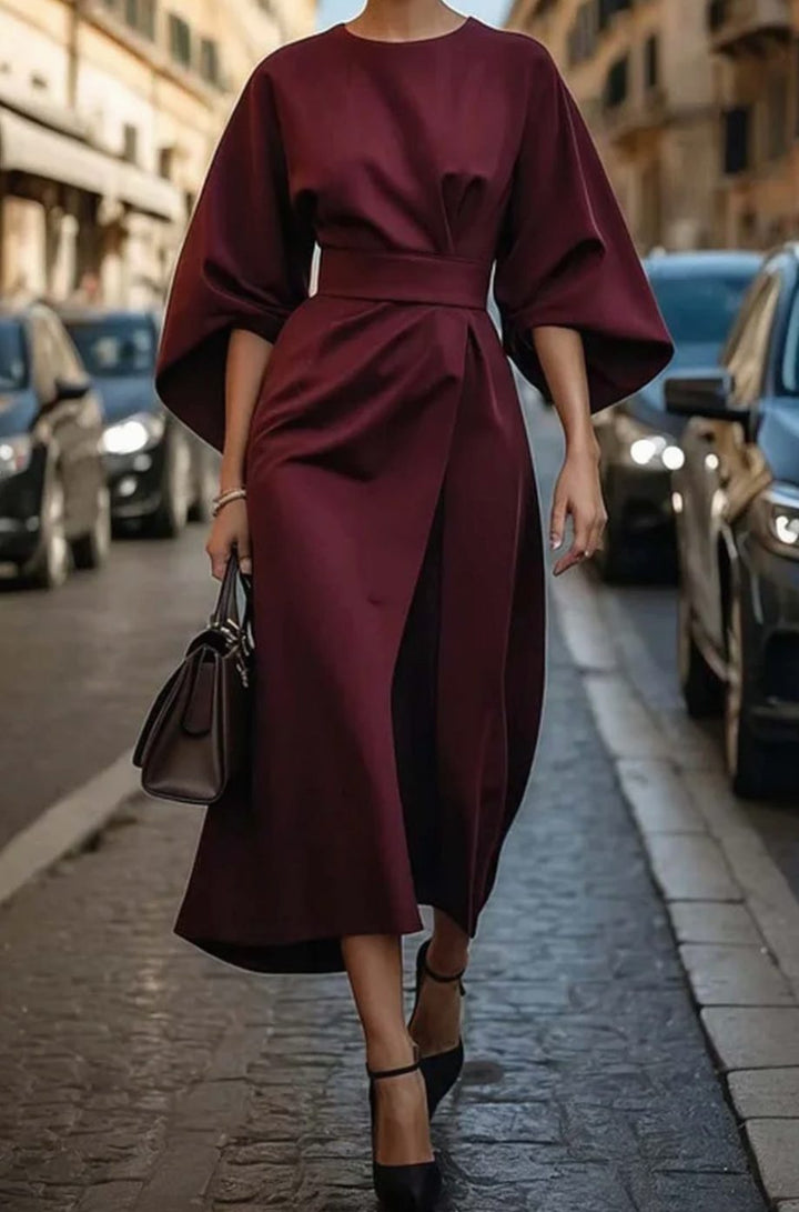 Lily | Women's Belted Lantern-Sleeve Midi Elegant Dress