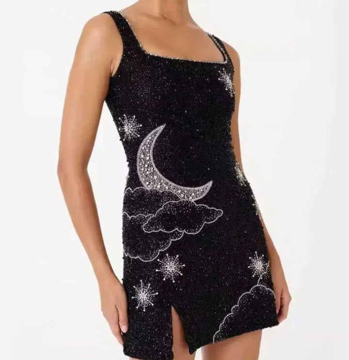 Penelope | Women's Black Glitter Bodycon Sequin Dress Wide-Strap Mini