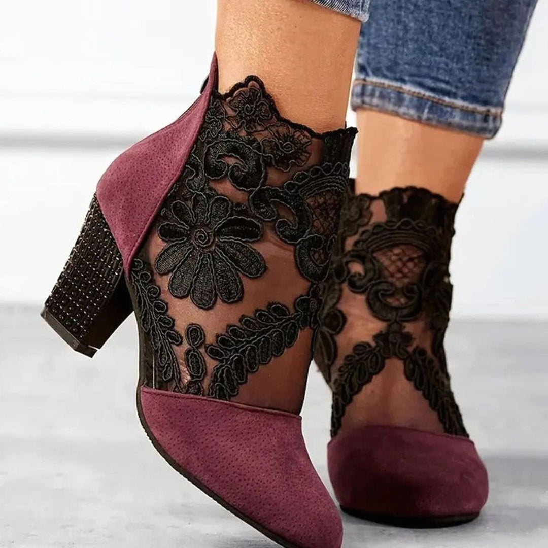 Mia | Women's Block-Heel Floral Lace Mesh Ankle Boots