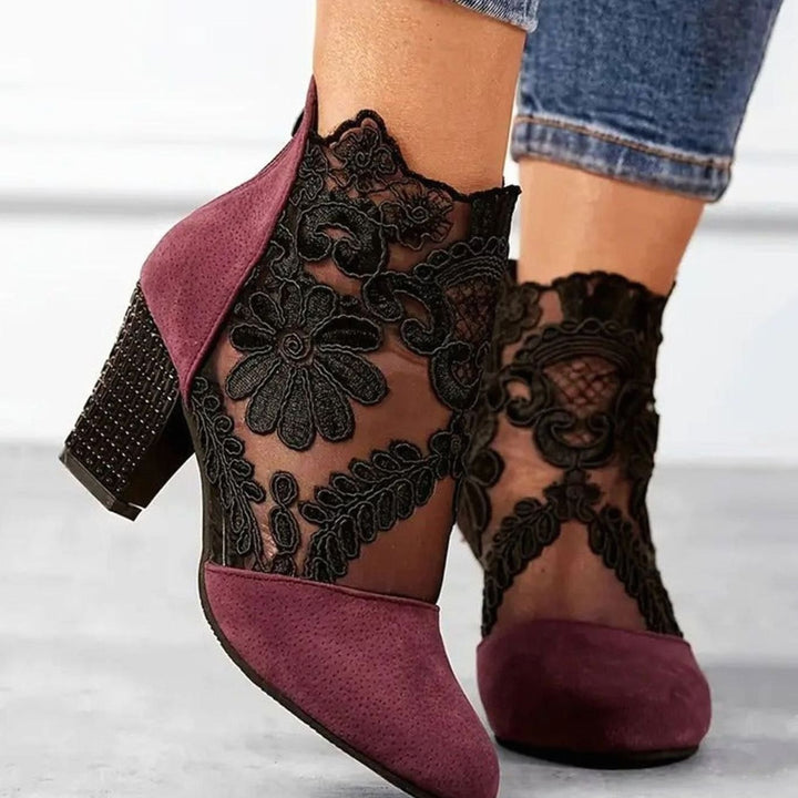 Mia | Women's Block-Heel Floral Lace Mesh Ankle Boots