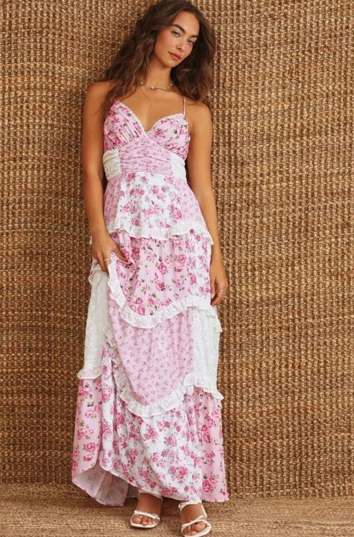 Zoey | Women's Boho Floral Patchwork Tiered Ruffle Maxi Dress