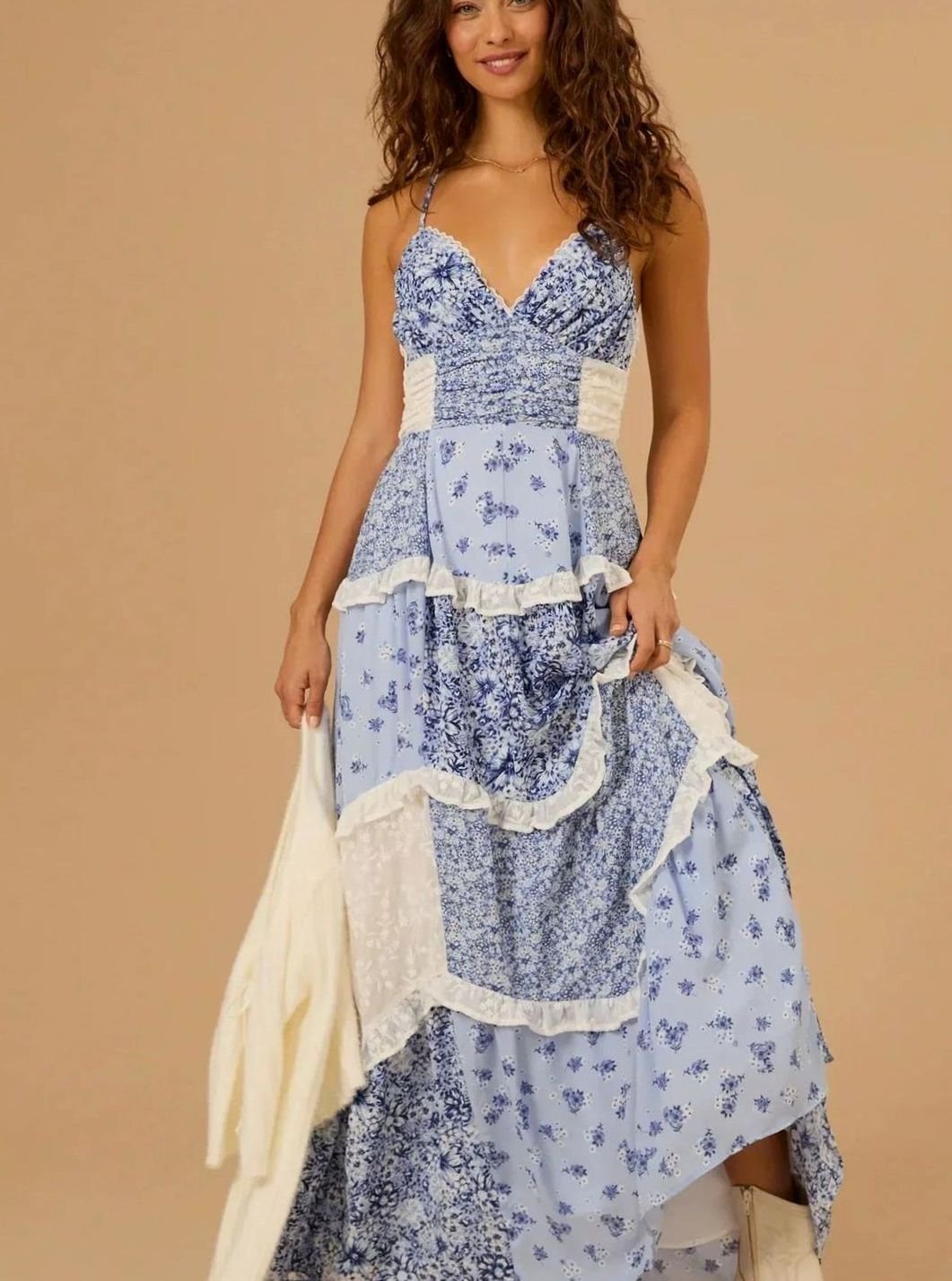 Zoey | Women's Boho Floral Patchwork Tiered Ruffle Maxi Dress