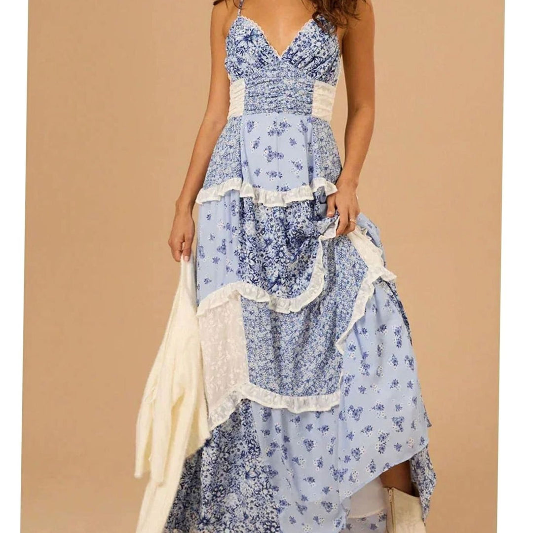 Zoey | Women's Boho Floral Patchwork Tiered Ruffle Maxi Dress