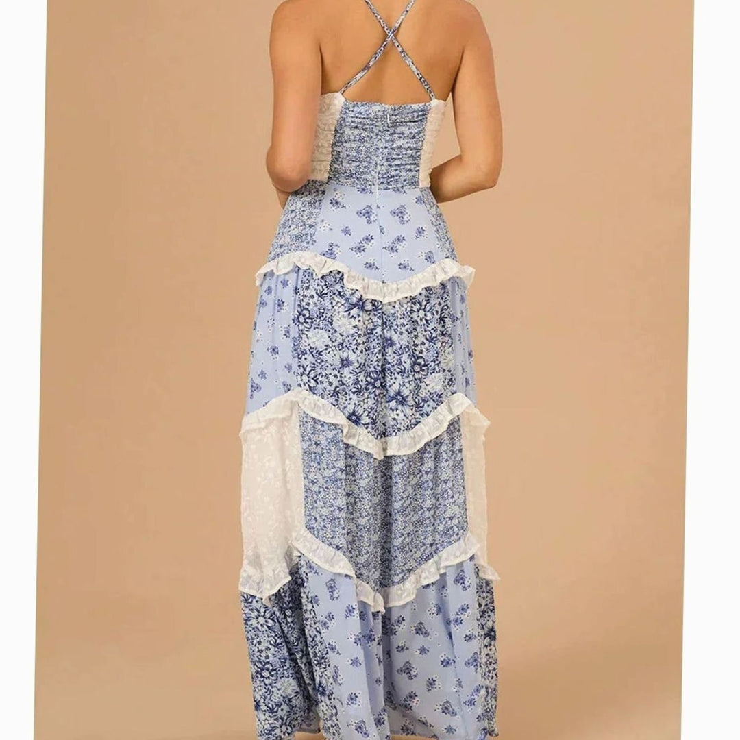 Zoey | Women's Boho Floral Patchwork Tiered Ruffle Maxi Dress