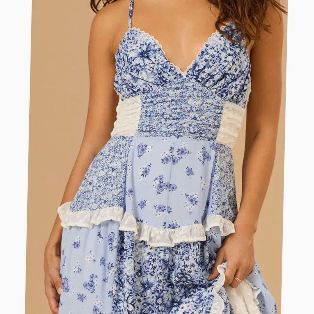 Zoey | Women's Boho Floral Patchwork Tiered Ruffle Maxi Dress
