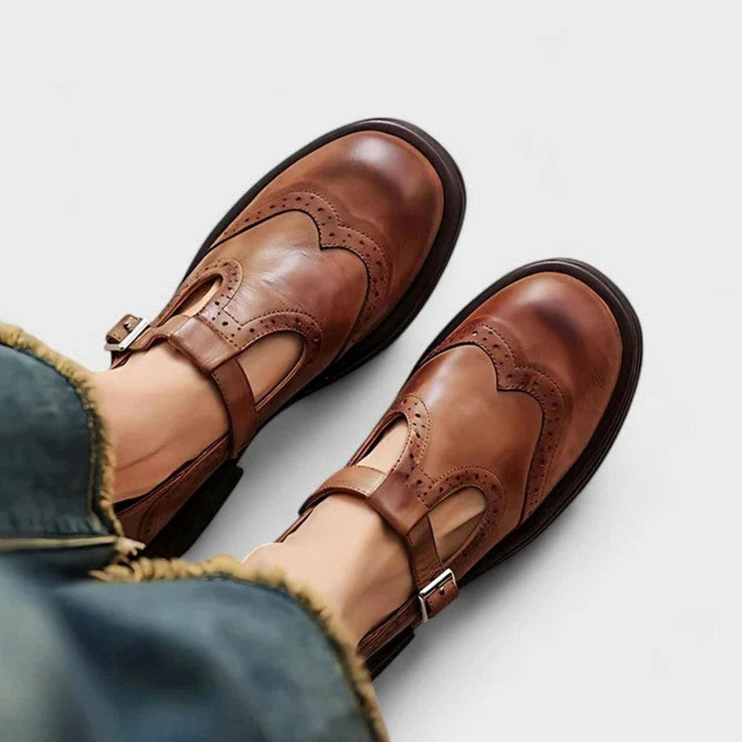 Mia | Women's Brogue Leather T-Strap Classic Boots Buckle Flats