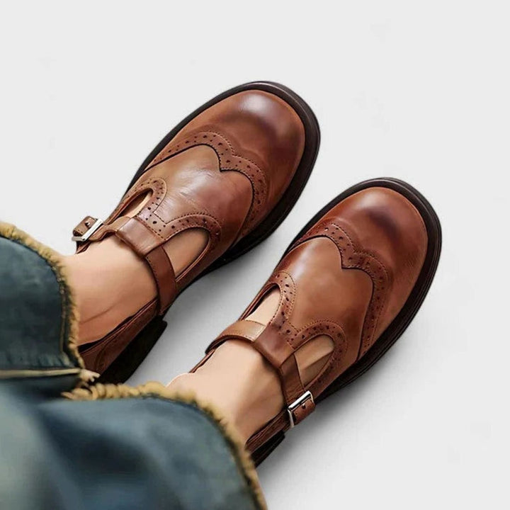Mia | Women's Brogue Leather T-Strap Classic Boots Buckle Flats